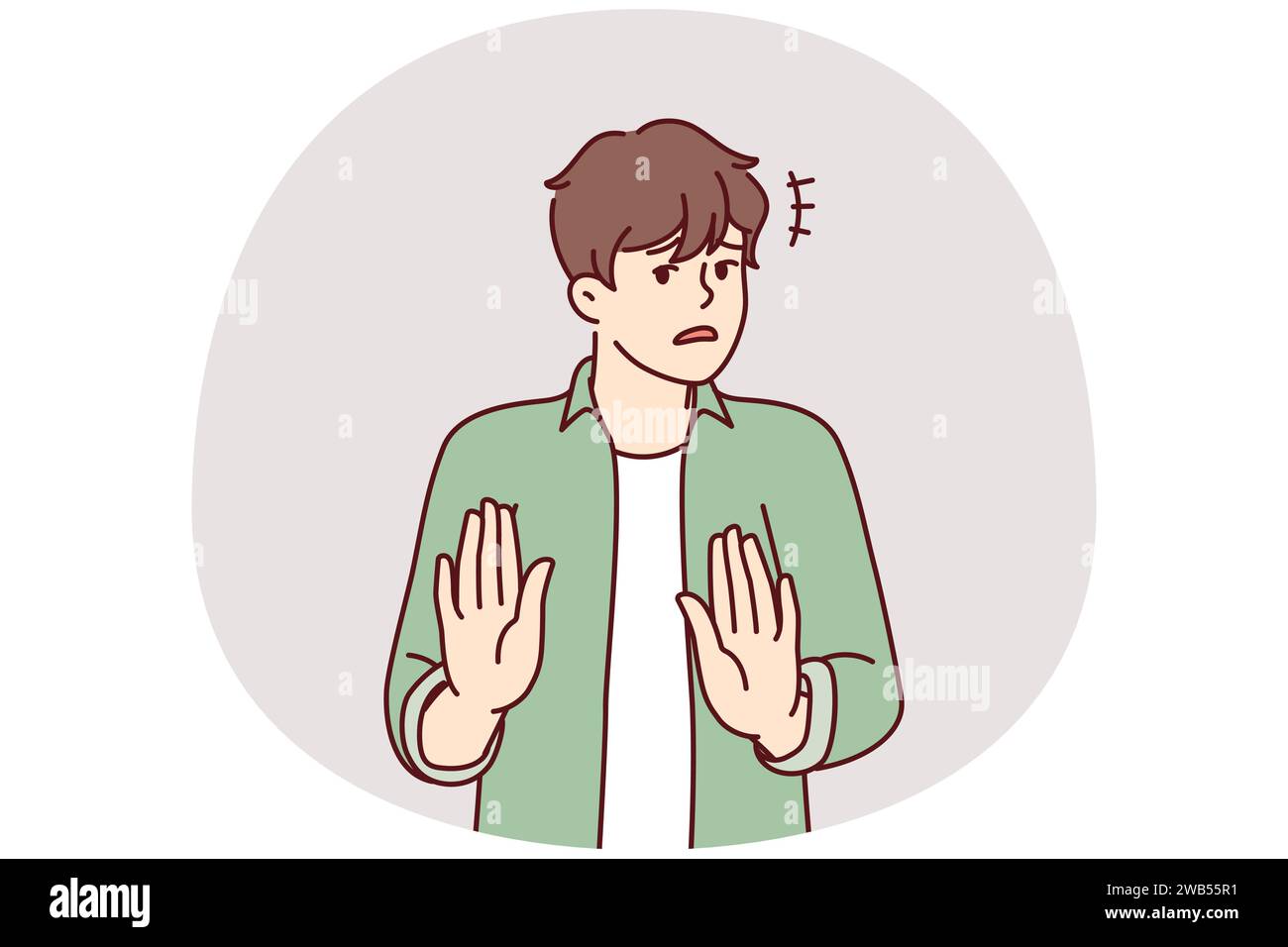 Ein verwirrter Mann streckt sich die Hände aus und zeigt Handflächenrufe, politisch inkorrekte Handlungen zu stoppen oder zu stoppen. Peinlicher junger Mann ruft an, um die Verbreitung schädlicher oder gefälschter Informationen zu verhindern. Abbildung eines flachen Vektors Stock Vektor