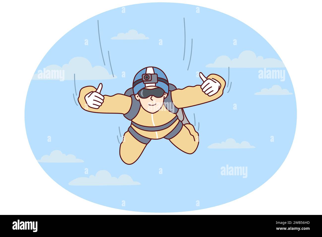 Ein Fallschirmspringer hängt am Himmel und zeigt zwei Hände, Daumen hoch, nachdem er aus dem Flugzeug gesprungen ist. Sportler, der sich für extremes Hobby interessiert, mit einer Kamera, die auf Fliegen auf der Stirn zwischen Wolken fixiert ist. Abbildung eines flachen Vektors Stock Vektor