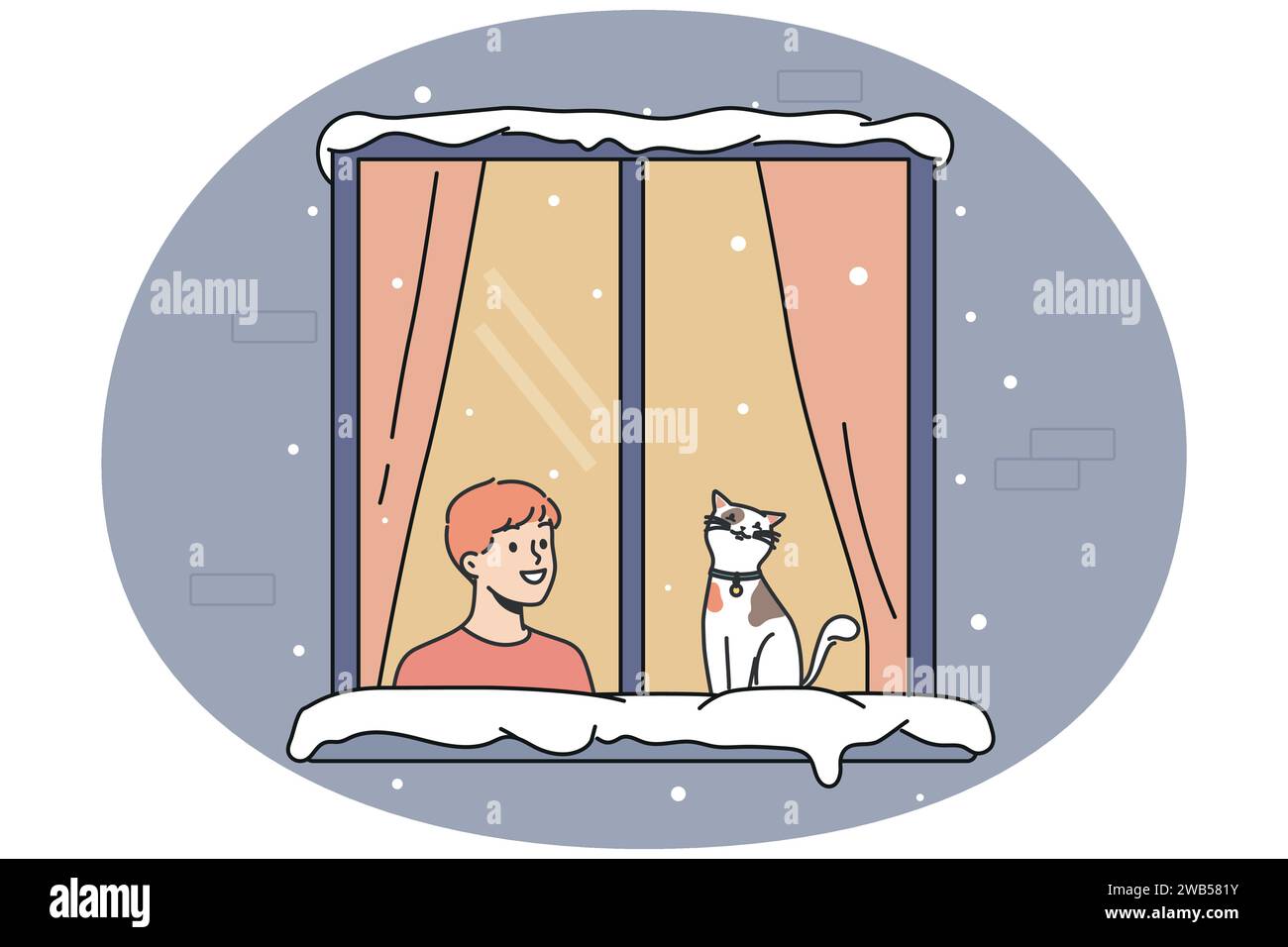 Ein lächelndes Kind und eine Katze sitzen im Winter im Fenster und schauen auf die Straße. Glückliches Kind mit Haustier in einem gemütlichen Haus. Vektordarstellung. Stock Vektor