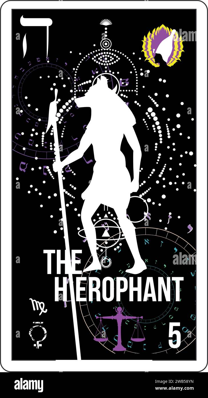Ägyptische Tarotkarte Nummer 5, genannt der Zauberer. Silhouette des Gottes Anubis Stock Vektor