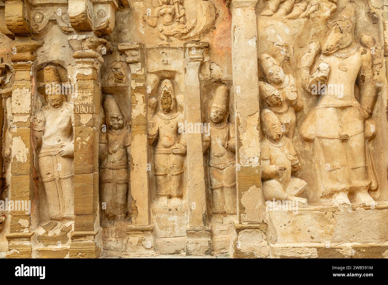 Thiru Parameswara Vinnagaram Tempel antike Idol Statuen Dekoration, Kanchipuram, Tondaimandalam Region, Tamil Nadu, Südindien Stockfoto