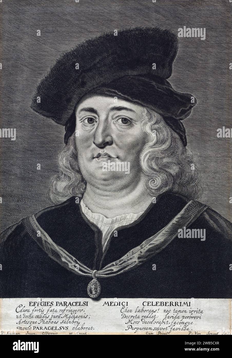 Paracelsus (1493–1541), geborener Theophrastus von Hohenheim, Schweizer Arzt, Alchemist, Laientheologe und Philosoph. Stich von Pieter Van Sompel Stockfoto