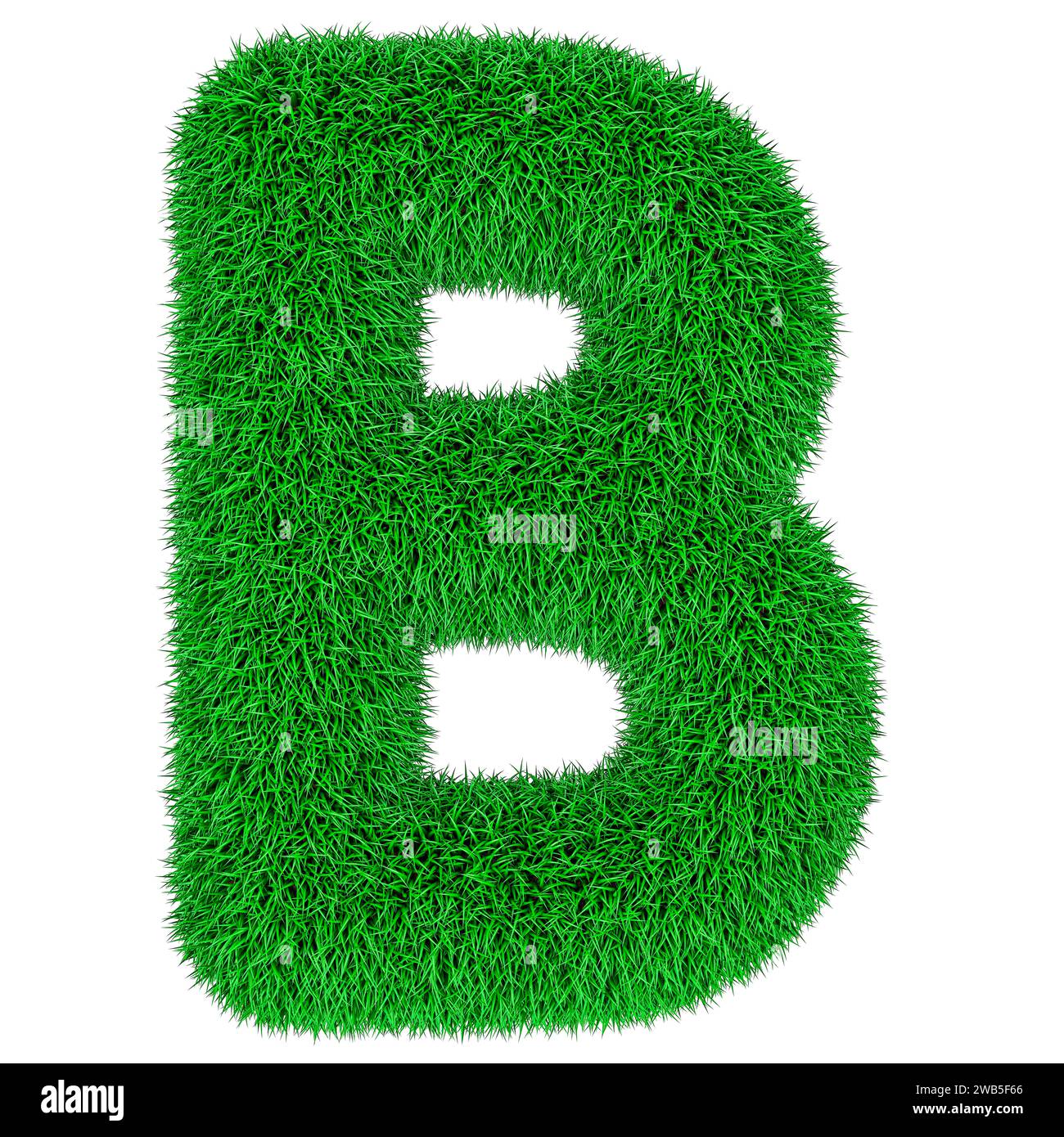 Grüner Gras Buchstabe B, 3D-Rendering isoliert auf weißem Hintergrund Stockfoto
