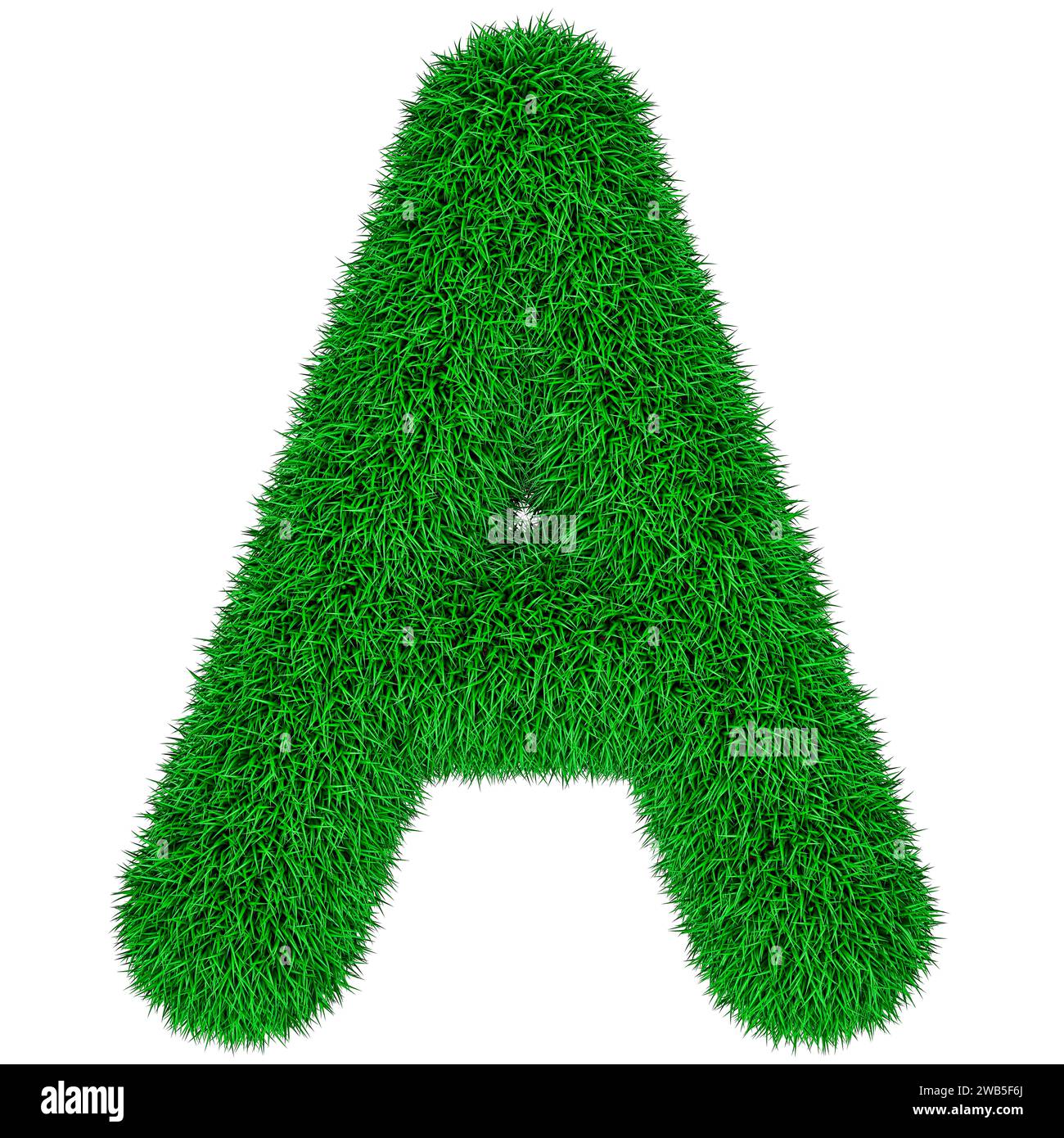 Grüner Gras Buchstabe A, 3D-Rendering isoliert auf weißem Hintergrund Stockfoto