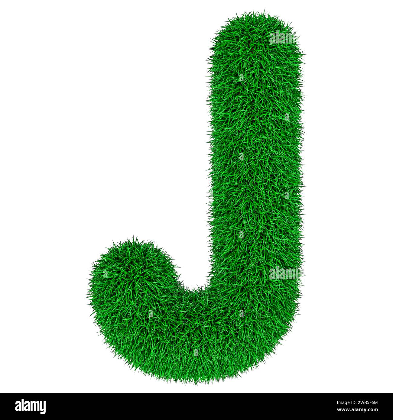 Grüner Gras Buchstabe J, 3D-Rendering isoliert auf weißem Hintergrund Stockfoto