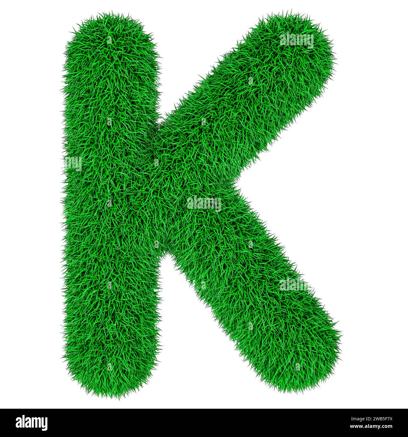 Grüner Gras Buchstabe K, 3D-Rendering isoliert auf weißem Hintergrund Stockfoto