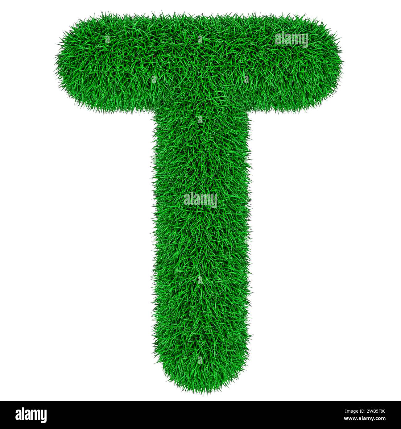 Grüner Gras Buchstabe T, 3D-Rendering isoliert auf weißem Hintergrund Stockfoto