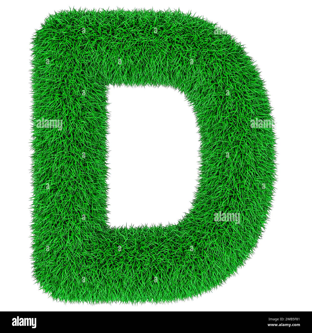Grüner Gras Buchstabe D, 3D-Rendering isoliert auf weißem Hintergrund Stockfoto
