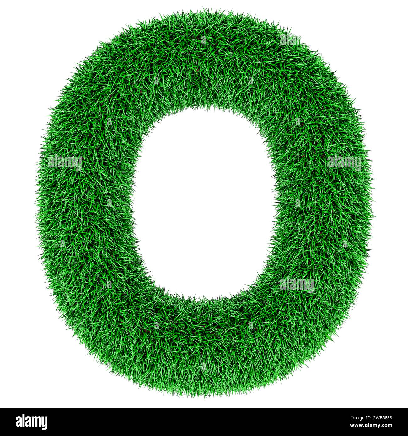 Grüner Gras Buchstabe O, 3D-Rendering isoliert auf weißem Hintergrund Stockfoto