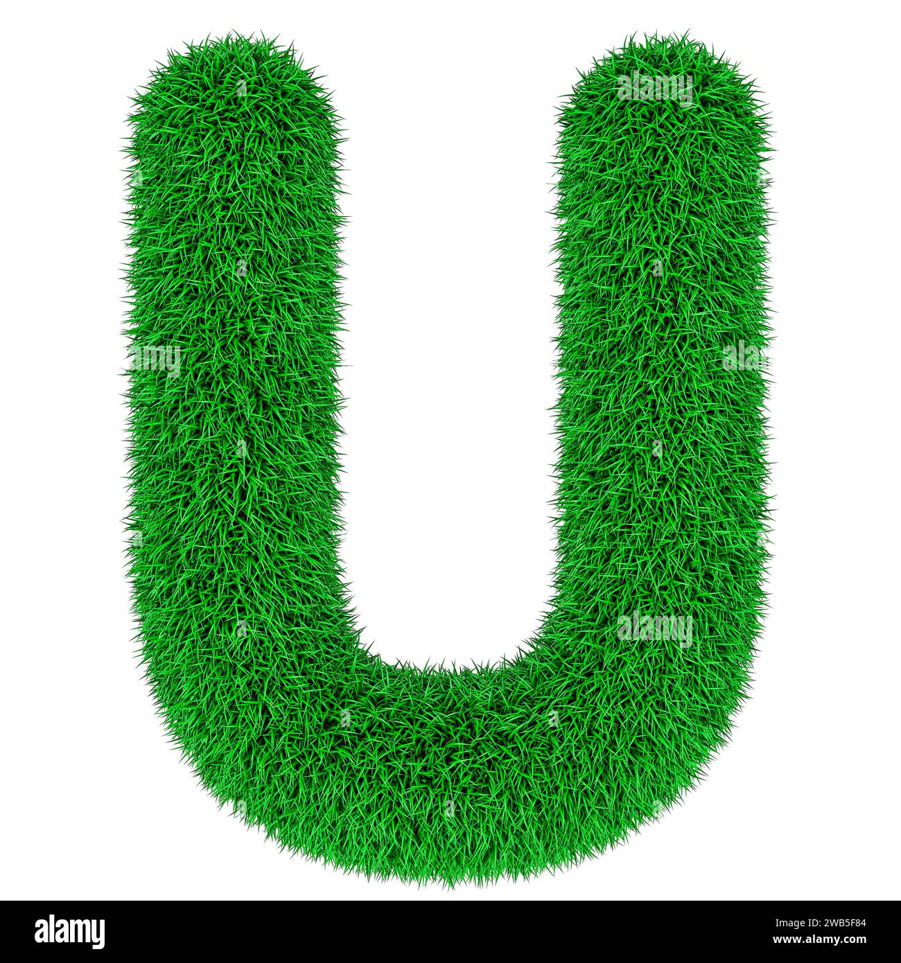 Grüner Gras Buchstabe U, 3D-Rendering isoliert auf weißem Hintergrund Stockfoto