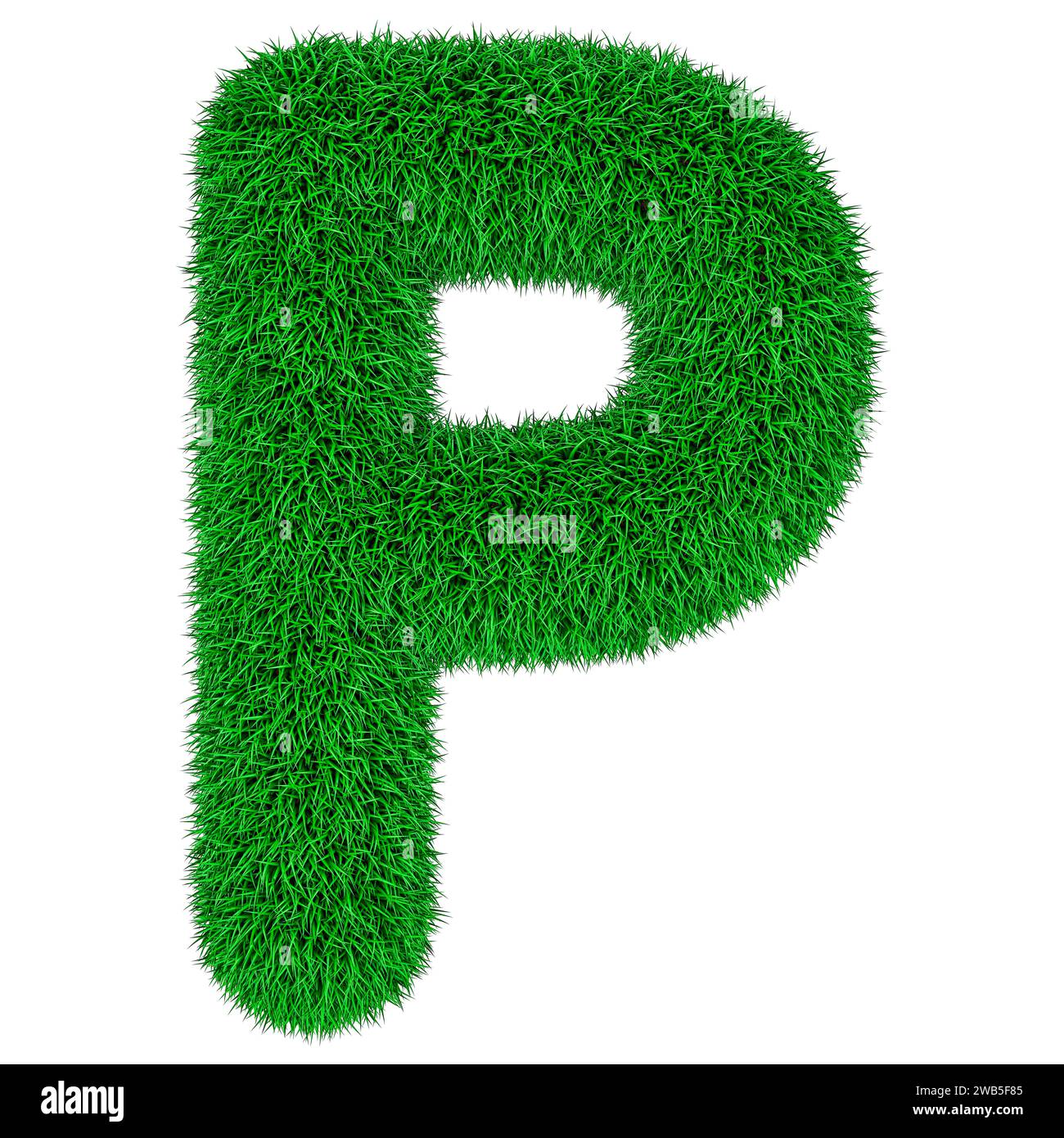 Grüner Gras Buchstabe P, 3D-Rendering isoliert auf weißem Hintergrund Stockfoto