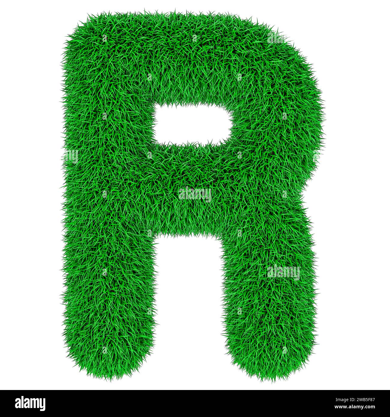 Grüner Grasbuchstabe R, 3D-Rendering isoliert auf weißem Hintergrund Stockfoto