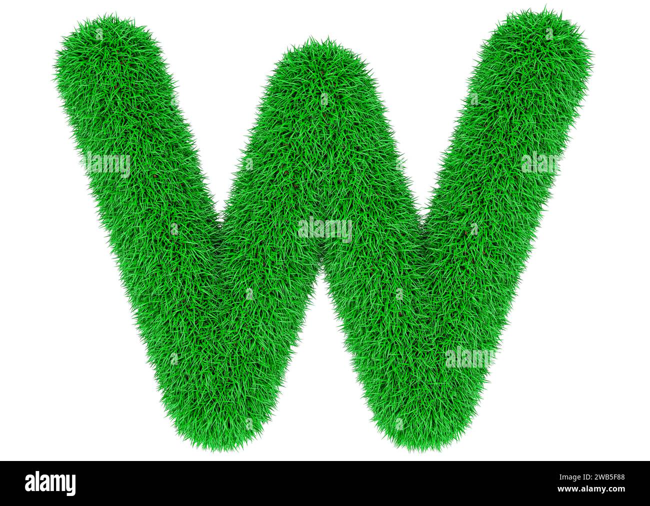 Grüner Gras Buchstabe W, 3D-Rendering isoliert auf weißem Hintergrund Stockfoto