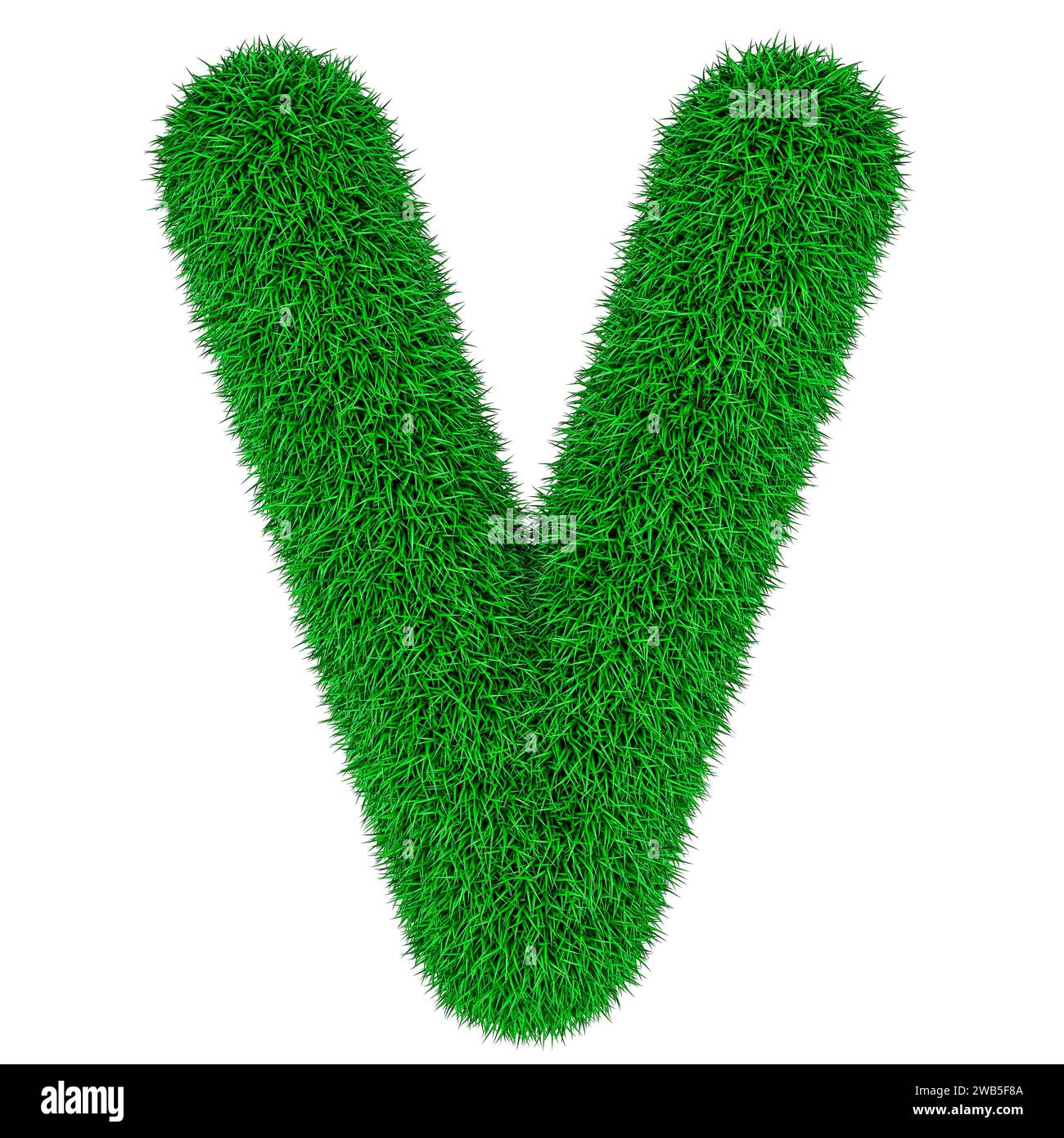 Grüner Gras Buchstabe V, 3D-Rendering isoliert auf weißem Hintergrund Stockfoto