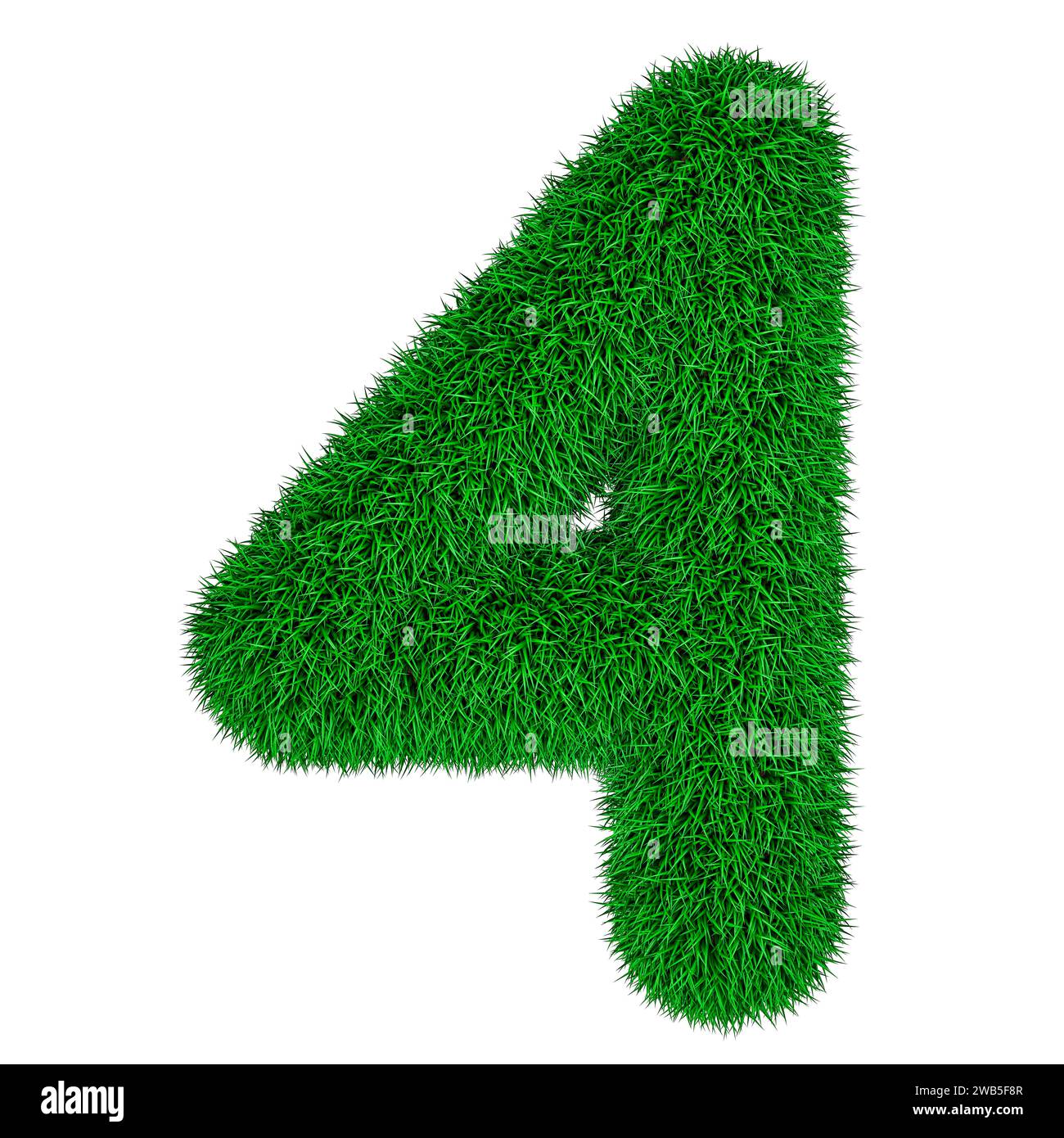Nummer 4 aus grünem Gras, 3D-Rendering isoliert auf weißem Hintergrund Stockfoto