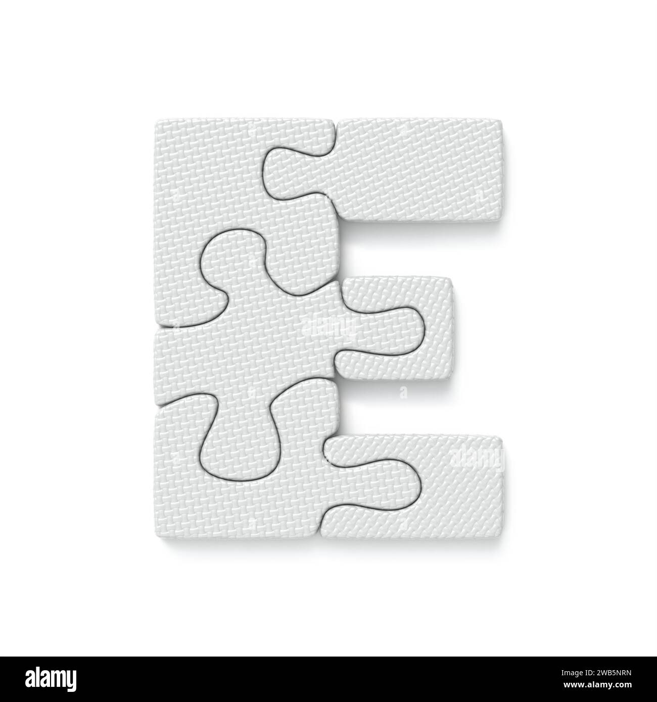 Weißes Puzzle Schriftart Letter E 3D-Rendering Illustration isoliert auf weißem Hintergrund Stockfoto