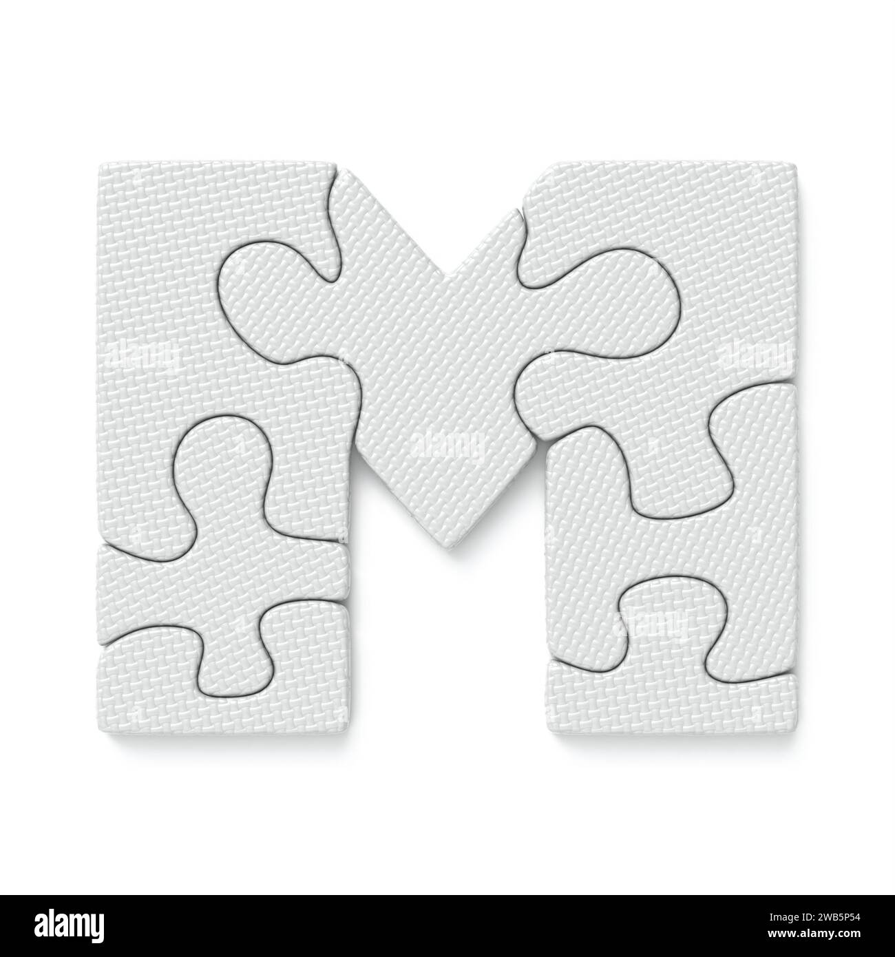 Weißes Puzzle Schriftart Letter M 3D-Rendering Illustration isoliert auf weißem Hintergrund Stockfoto