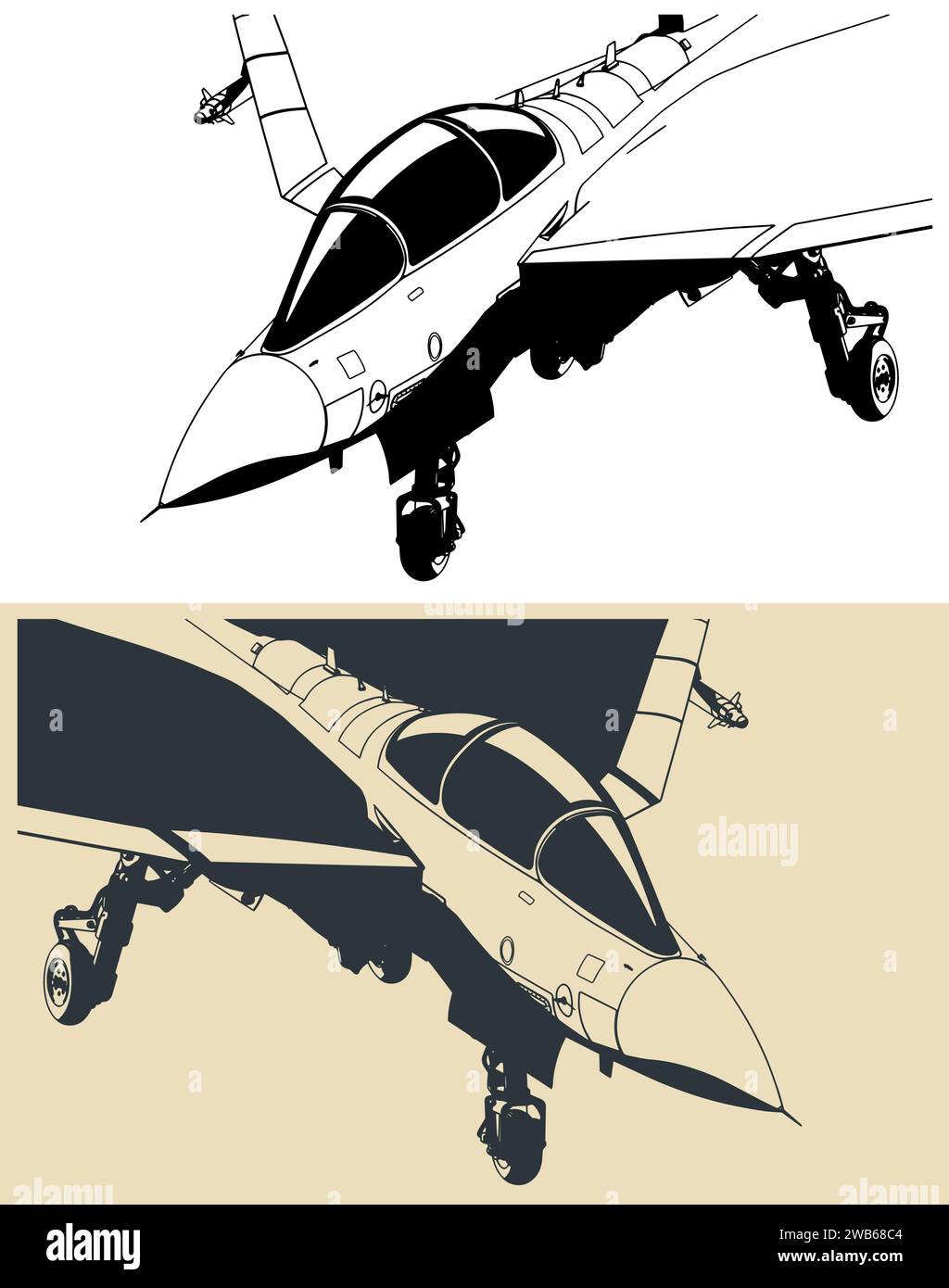 Stilisierte Zeichnung eines modernen Militärjets auf Basis eines leichten Trägers Stock Vektor