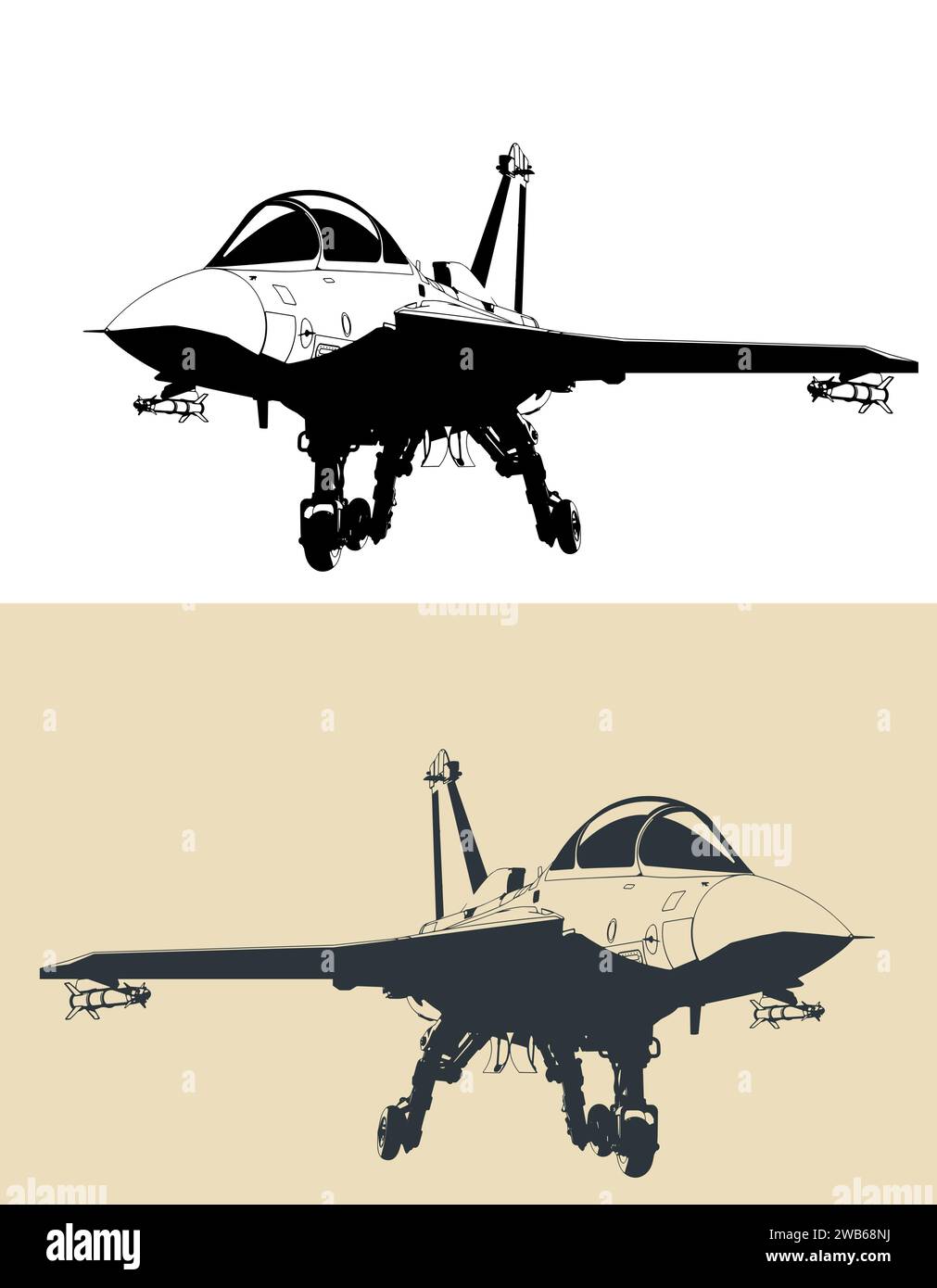 Stilisierte Zeichnung eines modernen Militärjets auf Basis eines leichten Trägers Stock Vektor