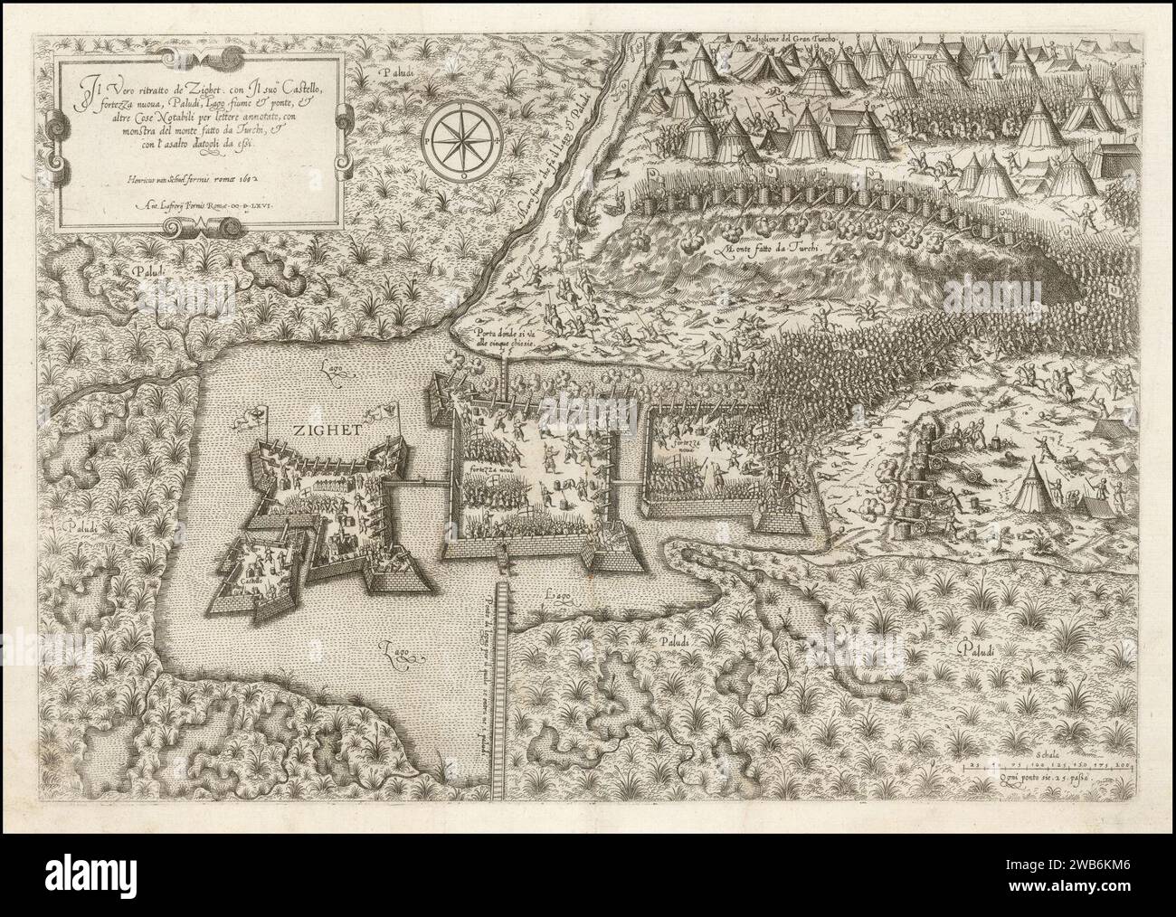 1602 Ausgabe der Karte der Schlacht von Szigetvár von Antonio Lafreri aus dem Jahr 1566. Stockfoto