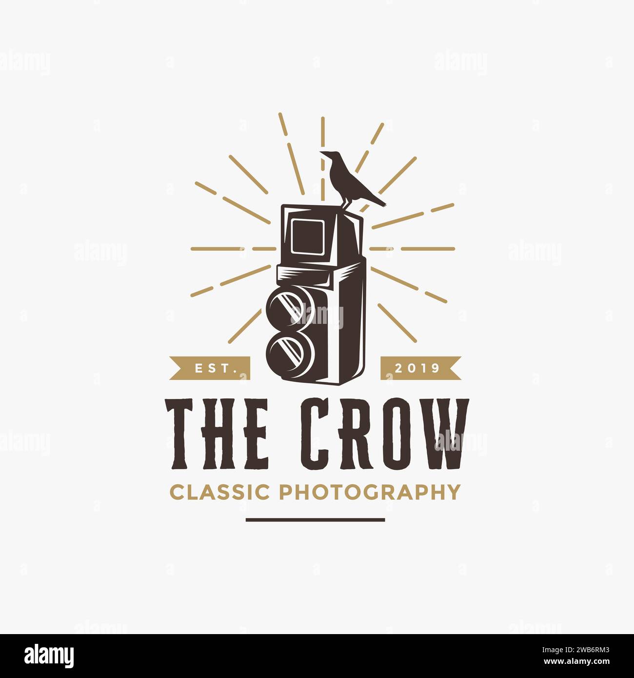 Alte Hipster-Kamera und das Logo des Krähenrabenvogels Stock Vektor