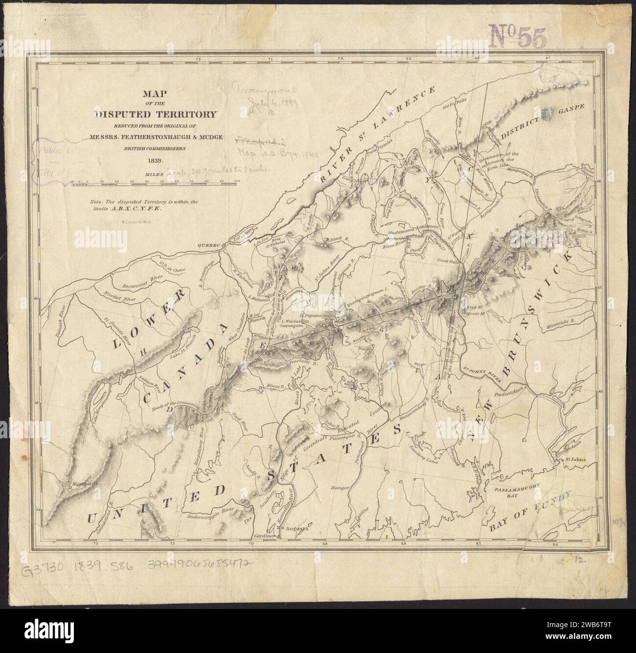 1839 Karte des umstrittenen Territoriums (Maine), reduziert vom Original der britischen Kommissare Featherstonehaugh & Mudge, von William James Stone, Stockfoto