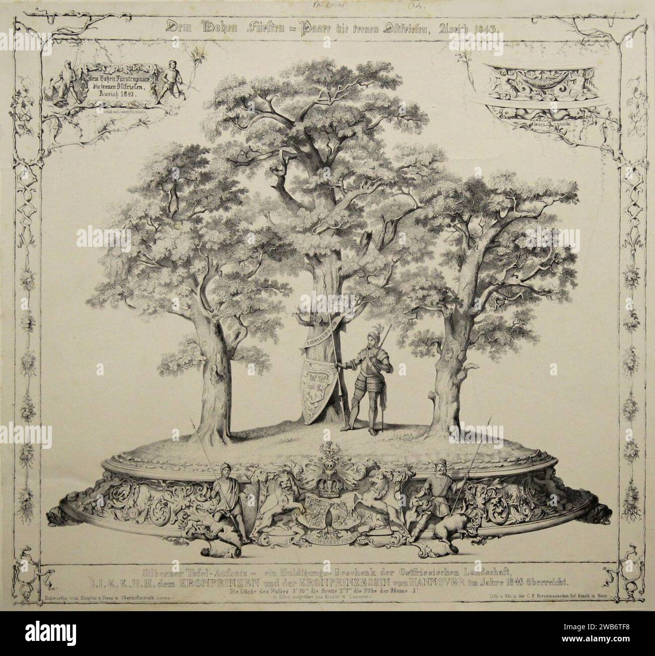 1843 Christian Friedrich Hornemann Lithographie silberner Tafel-Aufsatz nach Friedrich von Frese Georg Ludwig Friedrich Laves. Stockfoto