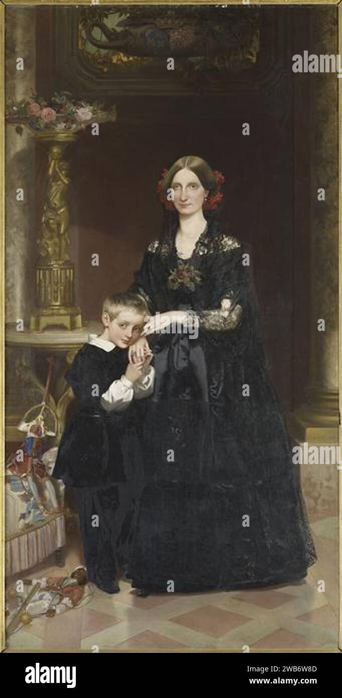 1851 Porträt der Herzogin von Aumale (Prinzessin Maria Carolina Augusta von Bourbon-zwei Sizilien) mit ihrem Sohn (Prinz Louis von Orléans, Prinz von Condé) von Victor Mottez. Stockfoto