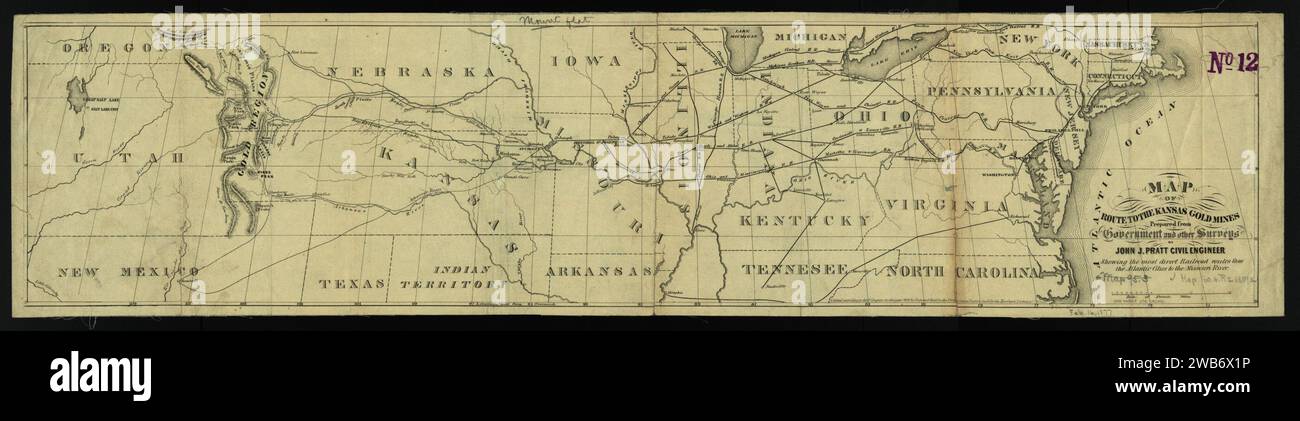 1859 Karte der Route zu den Goldminen von Kansas, erstellt von staatlichen und anderen Vermessungen, die die direktesten Eisenbahnstrecken von den Atlantikstädten bis zum Missouri River zeigt, von John J. Pratt; Chas. Shober lith. - commonwealth x63. Stockfoto