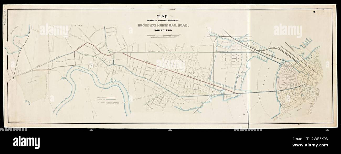 1861 Karte mit dem vorgeschlagenen Standort der Broadway Horse Railroad, Cambridge, von W.A. Mason und W.S. Barbour, Stockfoto