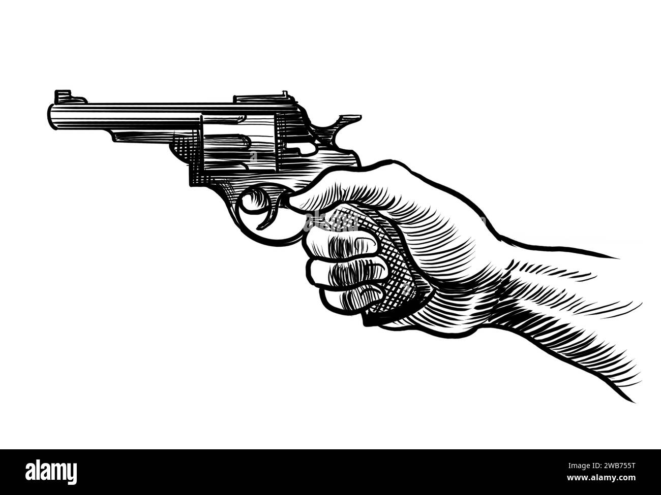 Hand mit einer Revolverpistole. Handgezeichnete Schwarz-weiß-Illustration im Retro-Stil Stockfoto