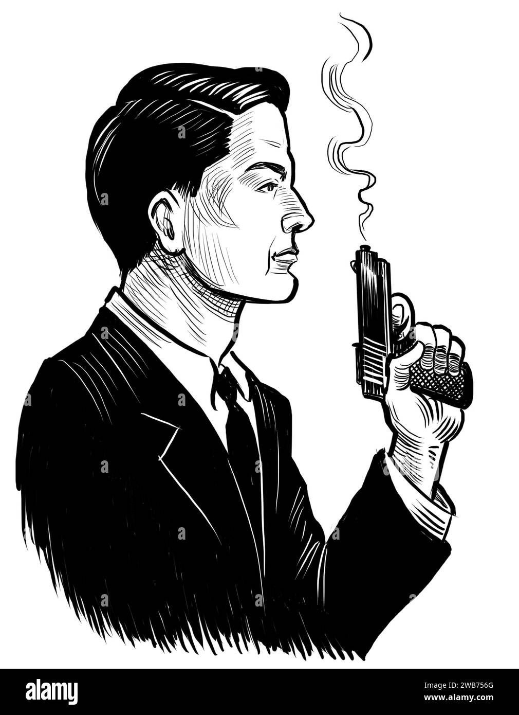 Gangster mit einer rauchenden Waffe. Handgezeichnete Schwarz-weiß-Illustration Stockfoto