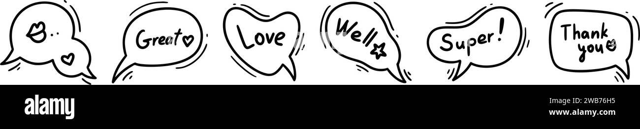 Kritzeln Sie den Sprechballon mit Text. Niedliche Linie Manga-Stil Wolkenillustration. Handgezeichnete Comic-Sprechblasen. Linienvektorsymbole. Einfache Ausführung Durchm Stock Vektor