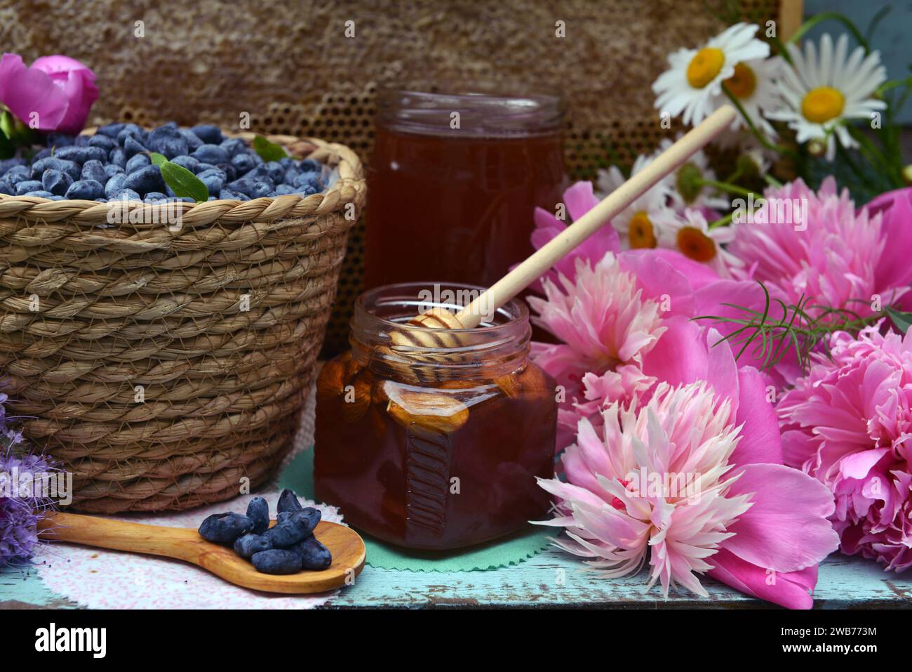 Stillleben mit natürlichem Honig, Wabenschnitt und Geißblatt-Beere mit Blumen auf hölzernem Hintergrund draußen. Ländlicher Sommer ländlicher Backg Stockfoto