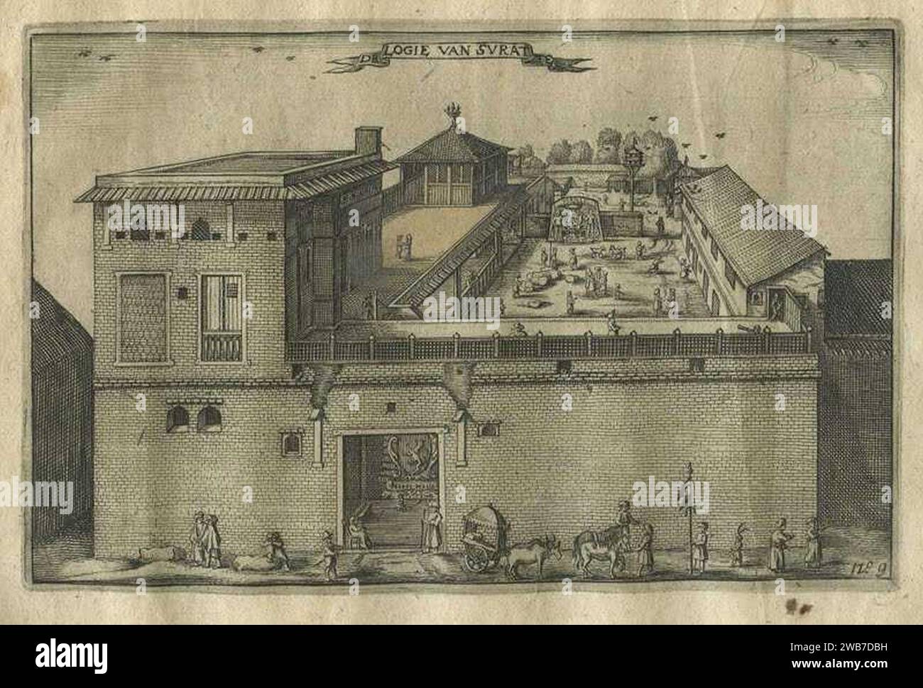 „Logie van Suratte“, ein Blick auf das Lager und die Wohnräume der Niederländischen Ostindien-Kompanie in Surat, wie er im April 1629 von Pieter van den Broecke (1585–1640), einem niederländischen Tuchhändler im Dienste der Niederländischen Ostindien-Kompanie, gesehen wurde. Stockfoto