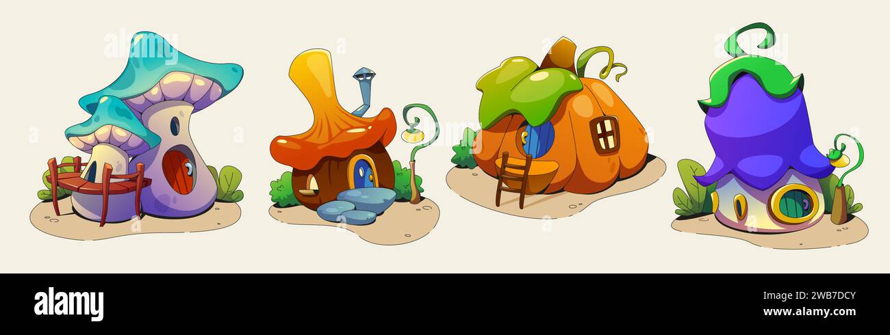 Märchenhafte winzige Zauberhäuser für Gnome und Elfen aus Pilzen, Kürbissen und Blumen mit Fenstern und Türen - Zeichentrickvektor Illustration Set von c Stock Vektor