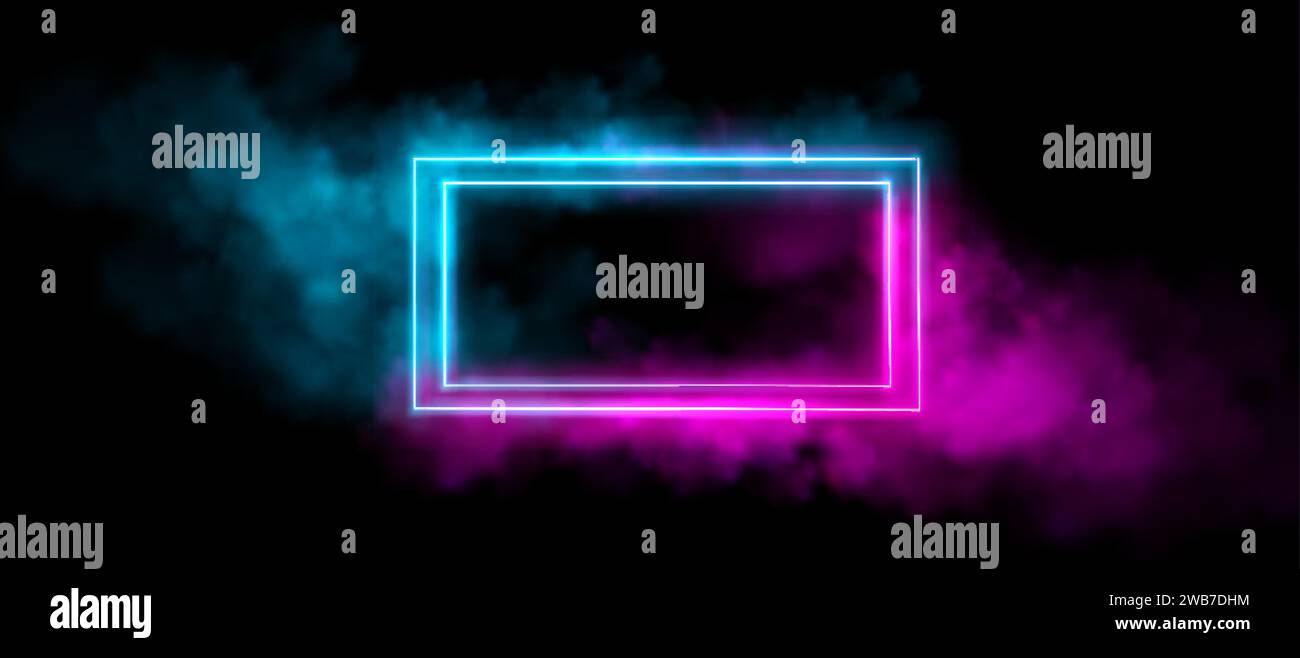 Rechteckiger Neonlichtrahmen in Rauchwolke auf schwarzem Hintergrund. Vektor-realistische Illustration von türkisfarbenem und rosafarbenem Rand, der transparent leuchtet Stock Vektor