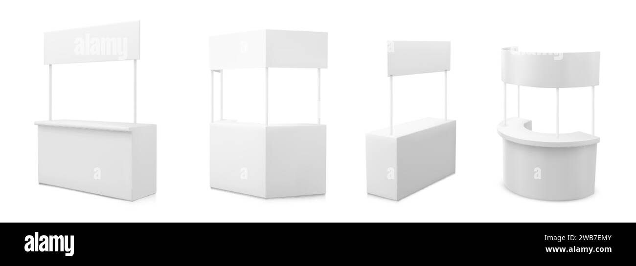 Werbe- und Promo-Stand. Realistische Vektor-Illustration Set des weißen leeren tragbaren Kioskmodells mit Schild. Leerer Einzelhandel, Promoter Stock Vektor