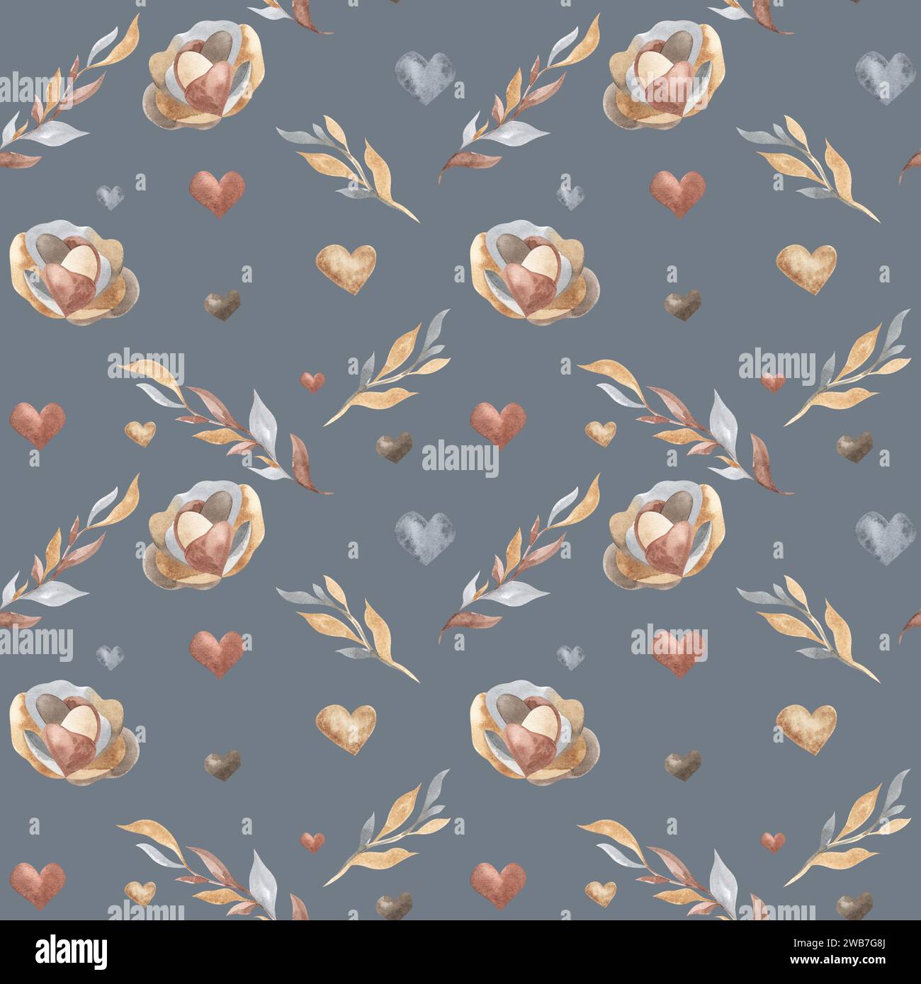 Aquarell Rosenblüte und abstraktes nahtloses Muster. Große Pfirsichblüten mit getrockneten. Pastellbeige Komposition im modernen Boho-Stil. Handfarbe Stockfoto