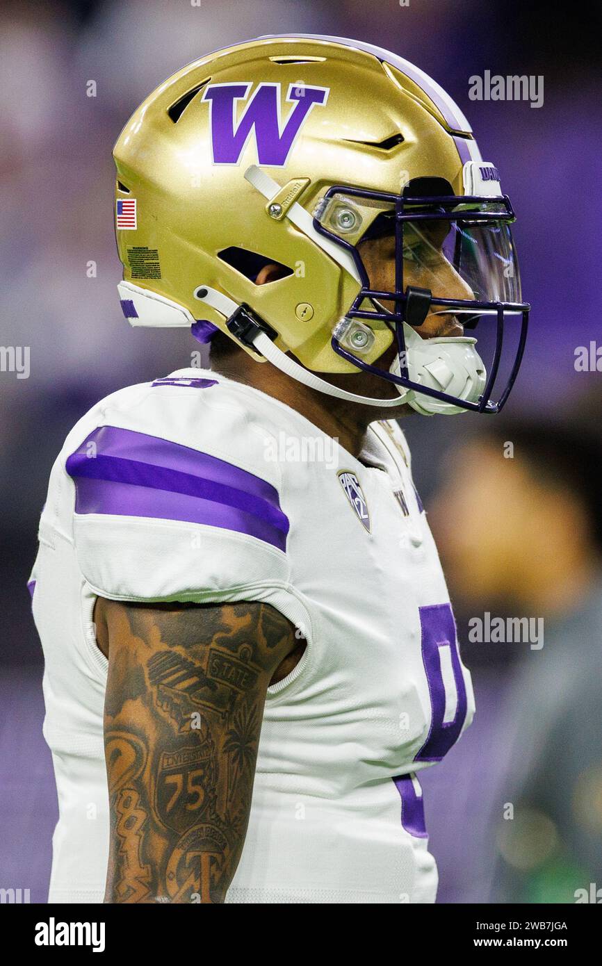 8. Januar 2024: Washington Quarterback Michael Penix Jr. (9) während des College Football Playoff National Championship-Spiels zwischen den Washington Huskies und den Michigan Wolverines im NRG Stadium in Houston, Texas. John Mersits/CSM Stockfoto
