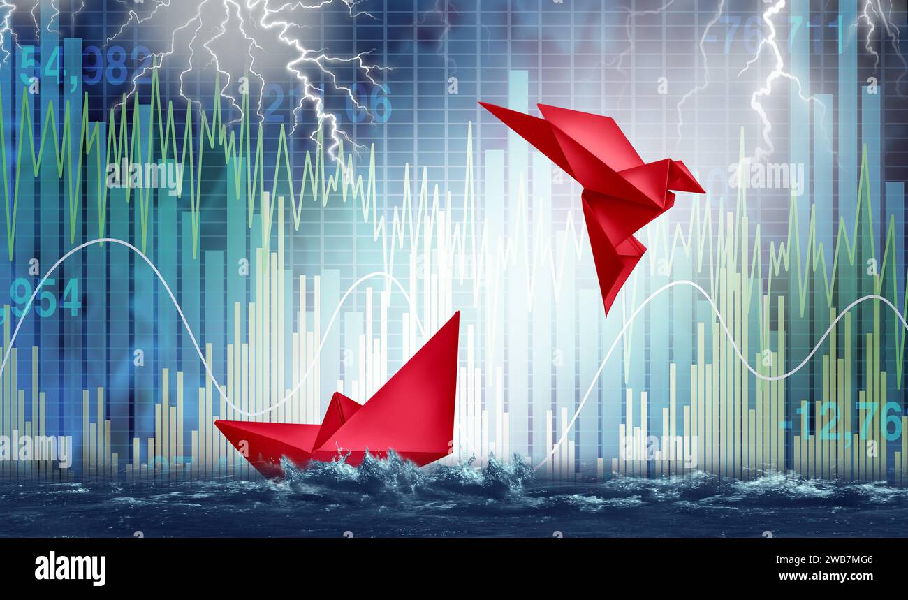 Der Finanzturbulenzen entgehen und die Investitionsstrategie ändern, um den Kurs als sinkendes Papierboot und fliegenden Origami-Vogel zu ändern, der wirtschaftlich ist Stockfoto