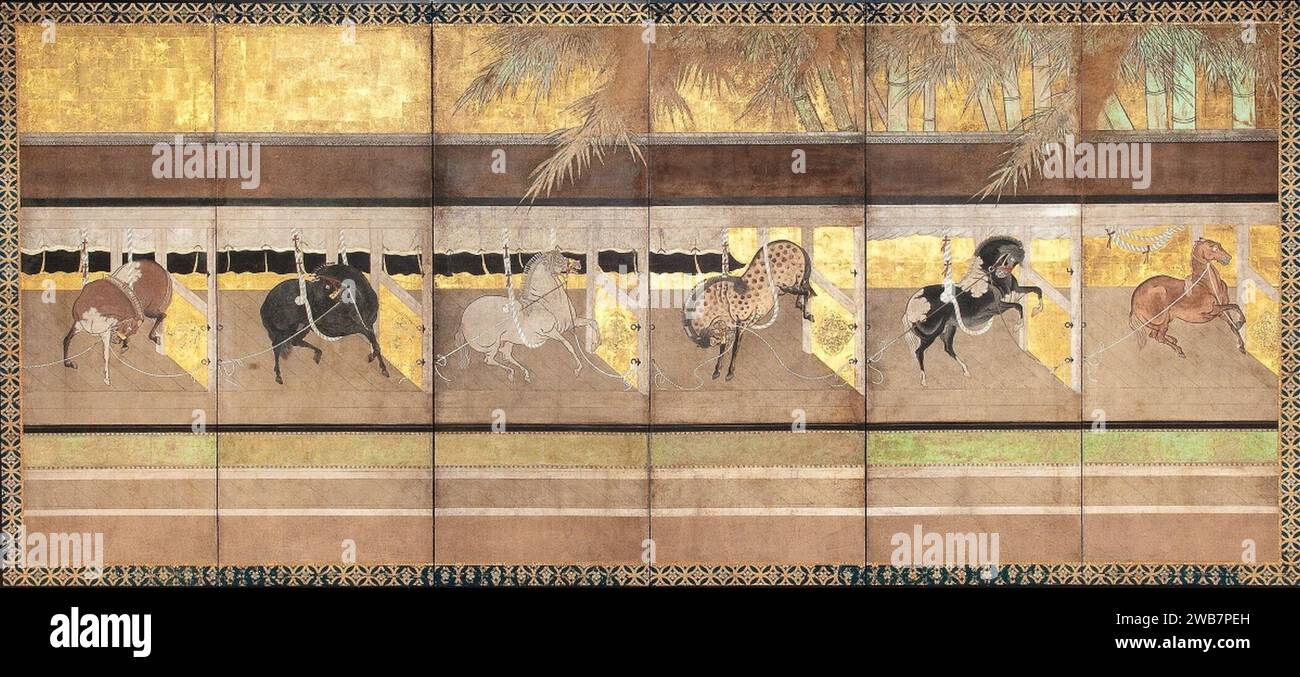 'UMA-ya' (stabil), Tinte, Farbe und Blattgold auf Papier, montiert als Sechsfach-Folie, um das 16. Jahrhundert Japan. Stockfoto