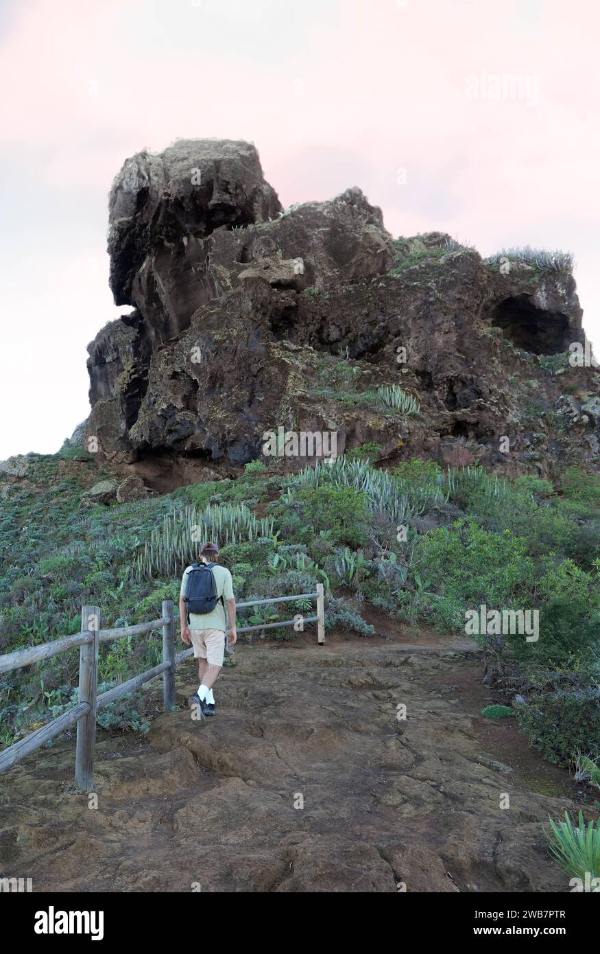 Einsamer männlicher Wanderer in lässiger Kleidung, wagen sich in Richtung einer gewaltigen Felsformation inmitten üppigen Grüns unter den sanften Farbtönen des Abendhimmels Stockfoto