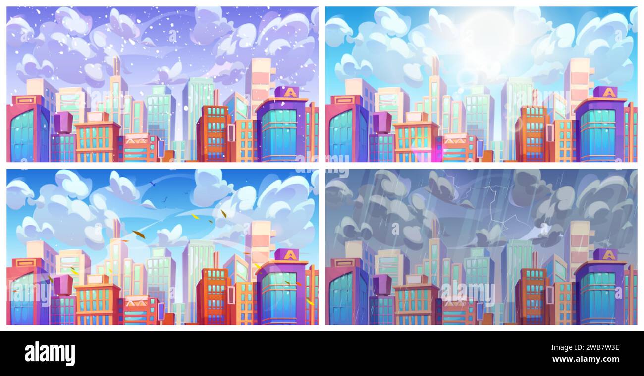 Cartoon City Downtown Landschaft mit modernen Wolkenkratzern in vier verschiedenen Wetterzeiten - sonniger Tag, Winterschneefall, Gewitter mit Regen und Blitz, Wind mit fliegenden Blättern. Stock Vektor