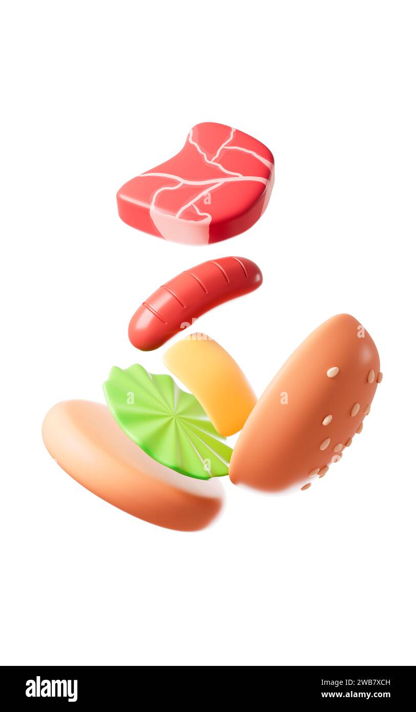 Cartoon Fleisch, Wurst, Gemüse, Käse und Hamburger, Fast Food, 3D-Rendering. 3D-Abbildung. Stockfoto