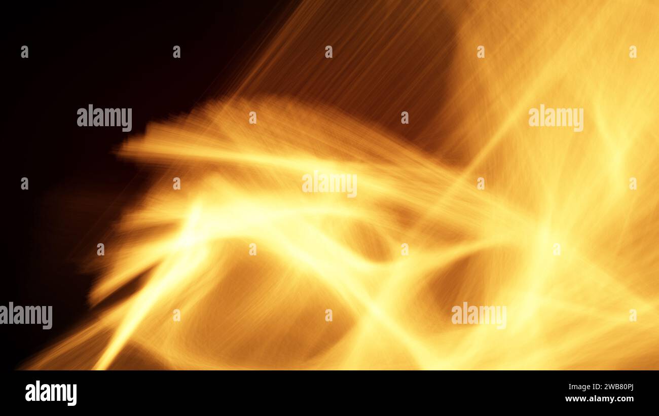 Abstrakte Interpretation heller und leuchtender bewegungsunscharfer orangener Flammen auf schwarzem Hintergrund. Moderner und dynamischer Hintergrund im Vollformat, Kopierraum. Stockfoto
