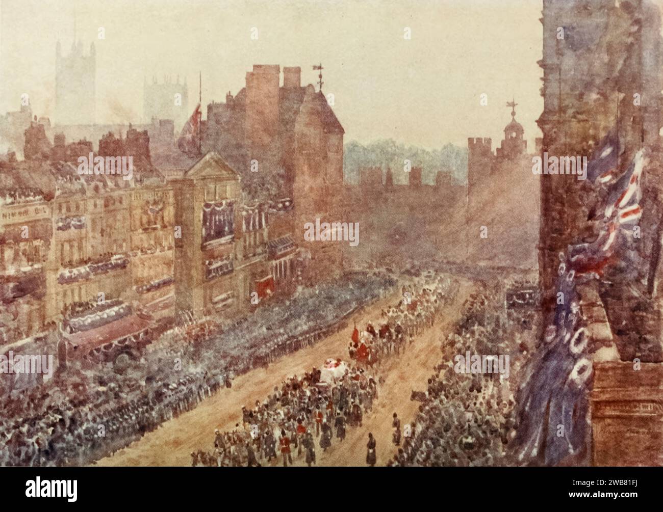 QUEEN VICTORIAS BEERDIGUNG, FEB. 2, 1901 die Prozession führt die St. James’s Street Painting von Herbert Marshall, 1905 Herbert Menzies Marshall (* 1. August 1841 bis 2. März 1913) war ein englischer Aquarellmaler und Illustrator und früher Cricketspieler. Stockfoto