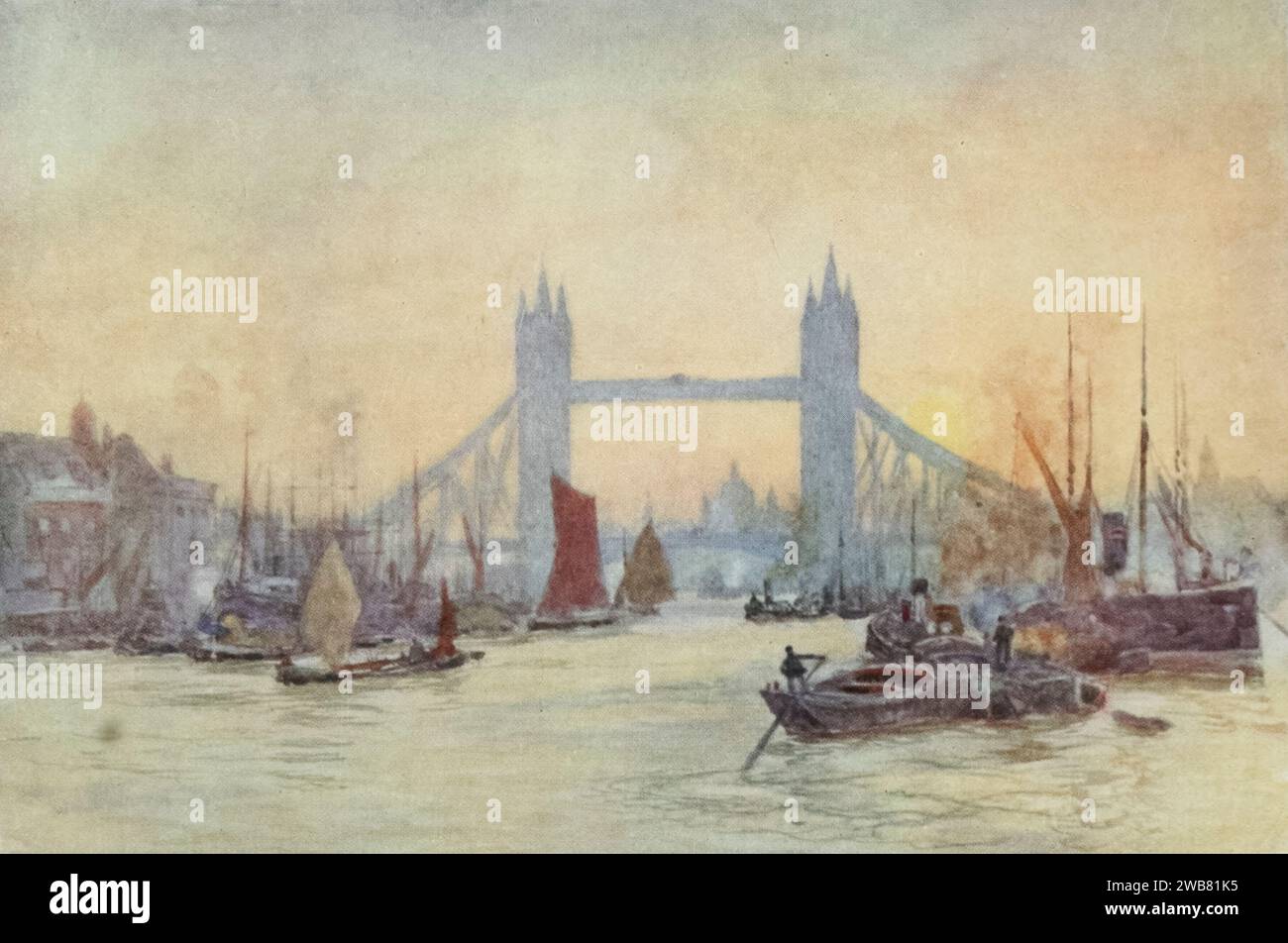 The Waterway to London FROM OVER CHERRY GARDEN PIER Painting von Herbert Marshall, 1905 Herbert Menzies Marshall (* 1. August 1841 bis 2. März 1913) war ein englischer Aquarellmaler und Illustrator und früher Cricketspieler. Stockfoto