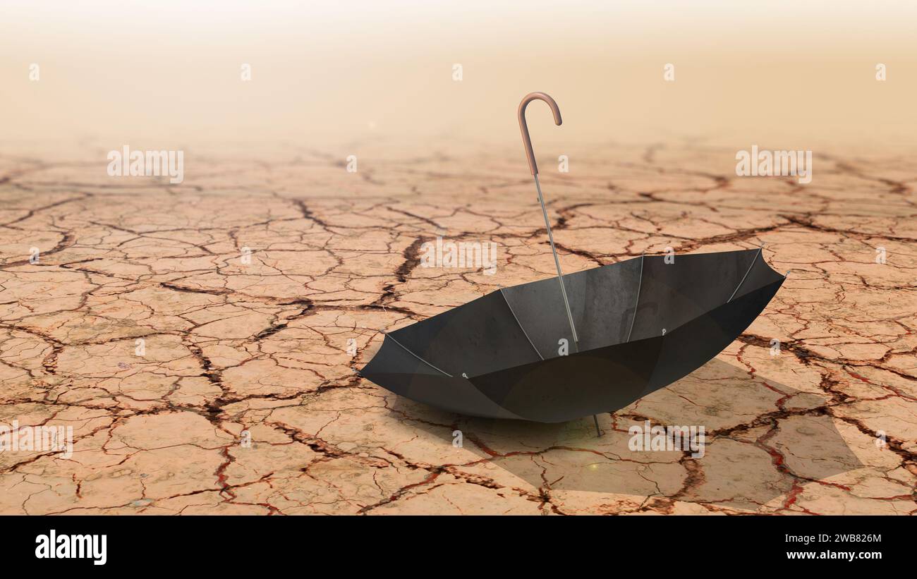 Regenschirm auf trockenem Land, verursacht durch Dürre und Mangel an Regen aufgrund des Klimawandels Stockfoto