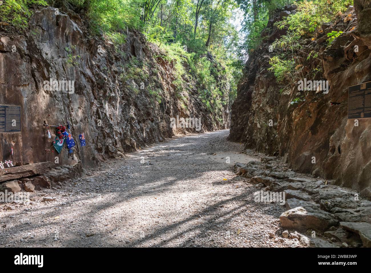 Hellfire Pass (Konyu Cutting) auf der Thai-Birma Death Railway, Kanchanaburi, Thailand. Stockfoto